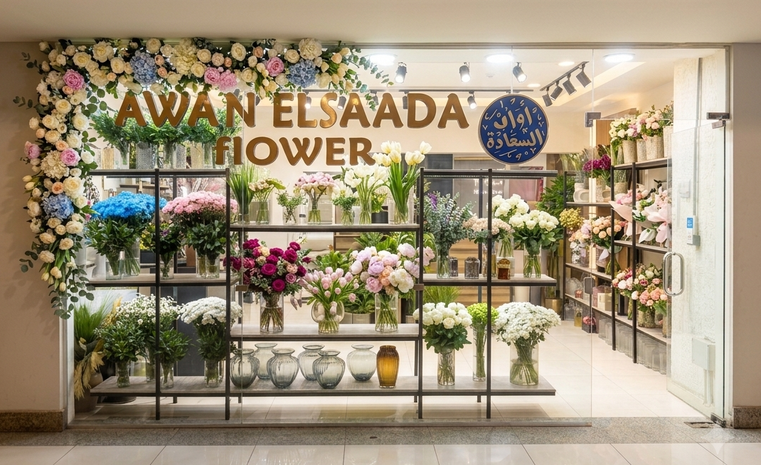 Awan Elsaada flower shop storefront in New Cairo with fresh rose and hydrangea display