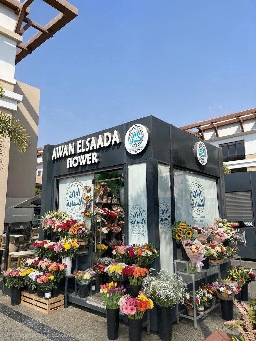 Awan Elsaada flower shop kiosk New Cairo with fresh bouquets and sunflowers on display