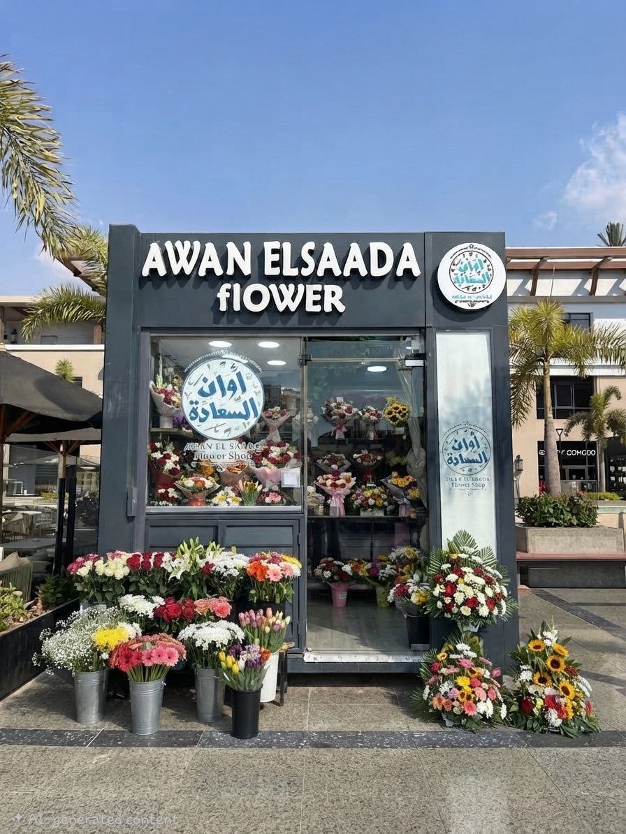 Awan Elsaada flower shop New Cairo kiosk entrance with fresh flower buckets